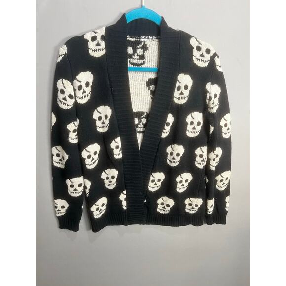 Skull Cardigan Black White Somfort Cozy Y2K Emo Goth Grunge Whimsy Rock Sz L - Picture 6 of 14